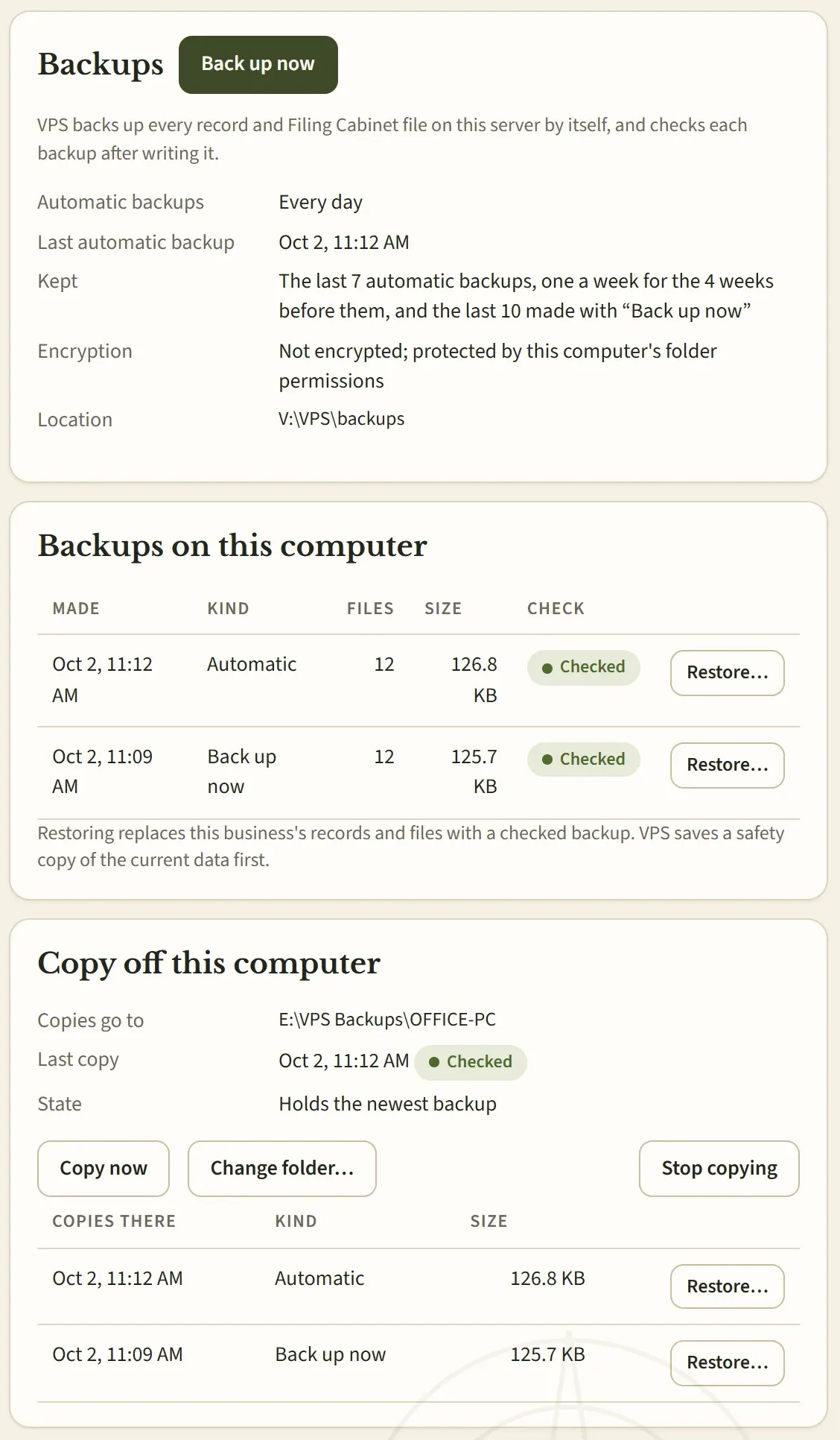 Settings, Backups in VPS: automatic backups every day, the kept-backup schedule, backups on this computer each marked Checked with a Restore button, and a copy off this computer holding the newest backup.