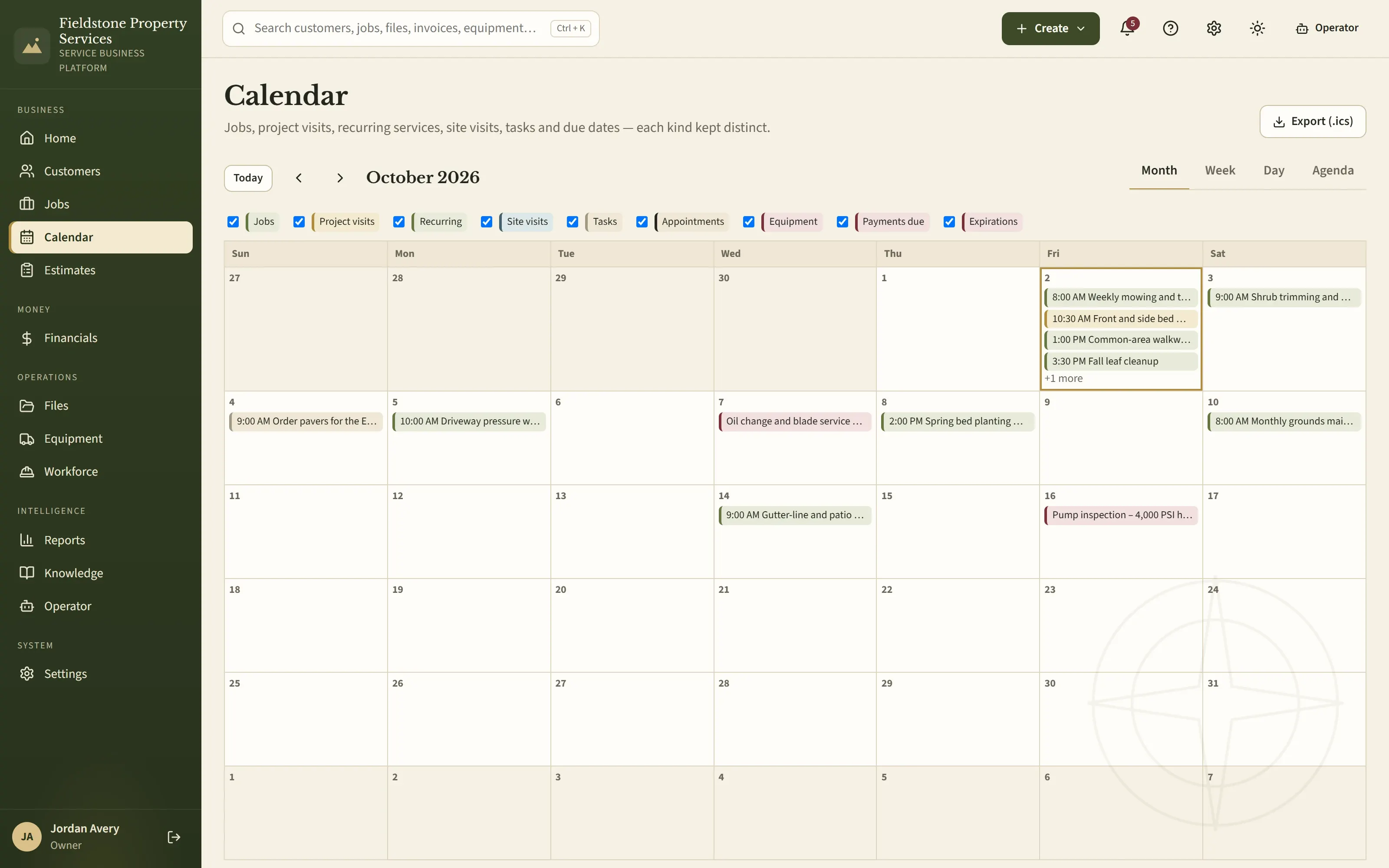 The VPS calendar in month view for October 2026, with filters for jobs, project visits, recurring work, site visits, tasks, appointments, equipment, payments due and expirations, and several color-coded entries.