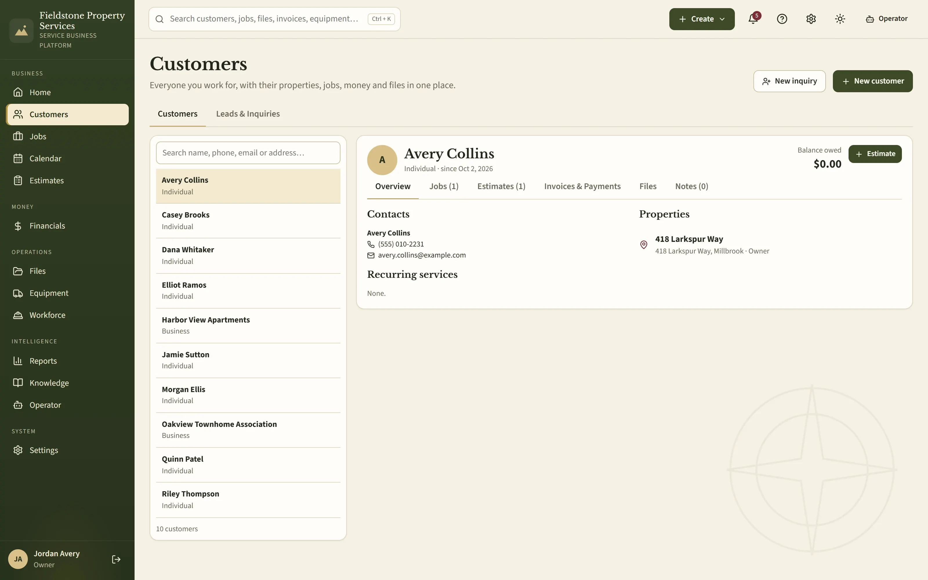A customer record for Avery Collins: phone and email, the property at 418 Larkspur Way, recurring services, a balance owed of $0.00, and tabs for jobs, estimates, invoices and payments, files and notes, beside a searchable list of ten customers.