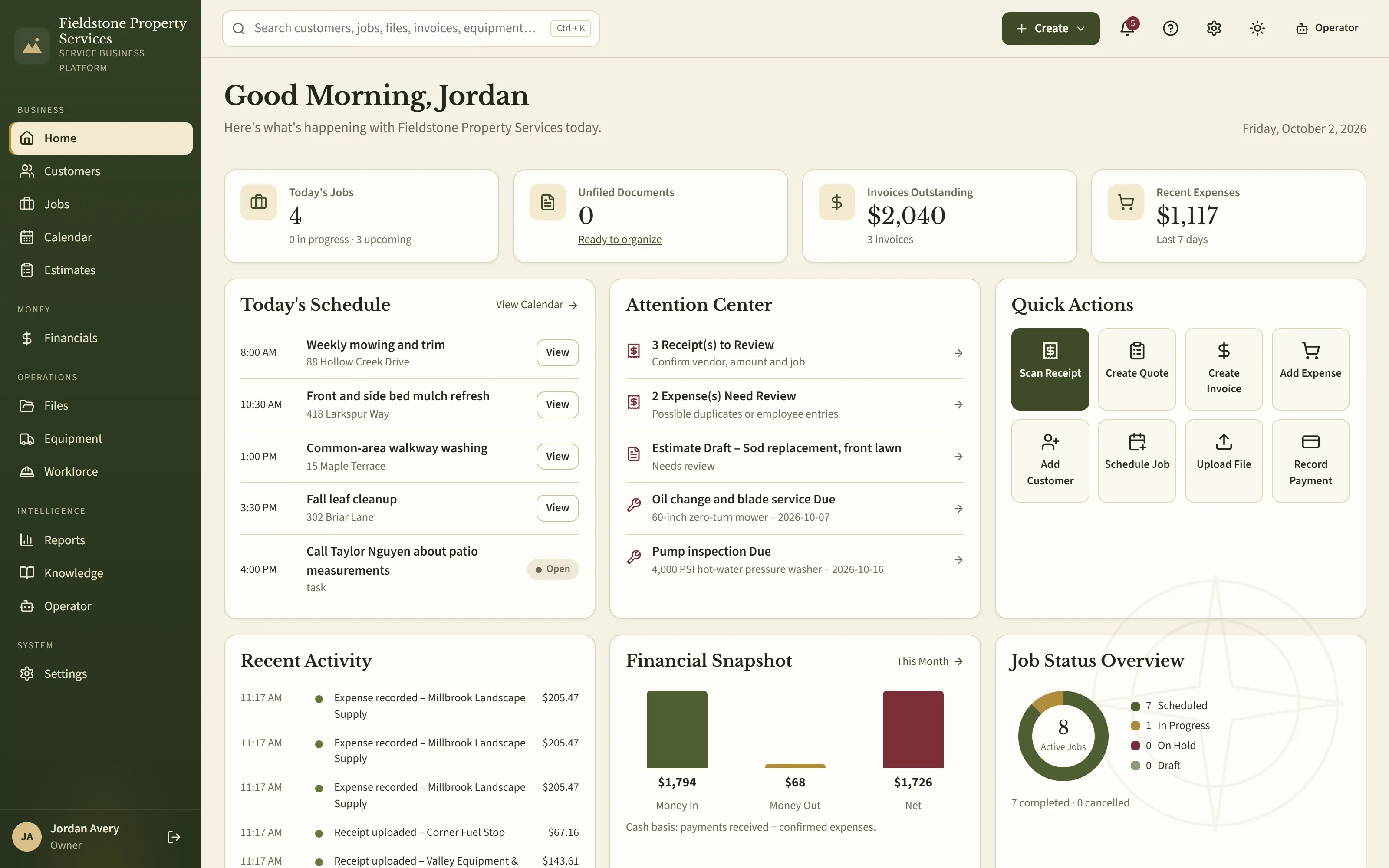 The VPS Home command center: today's jobs, unfiled documents, invoices outstanding and recent expenses at the top; today's schedule, an attention center with receipts to review and equipment service due, and quick actions such as Scan Receipt and Create Quote.