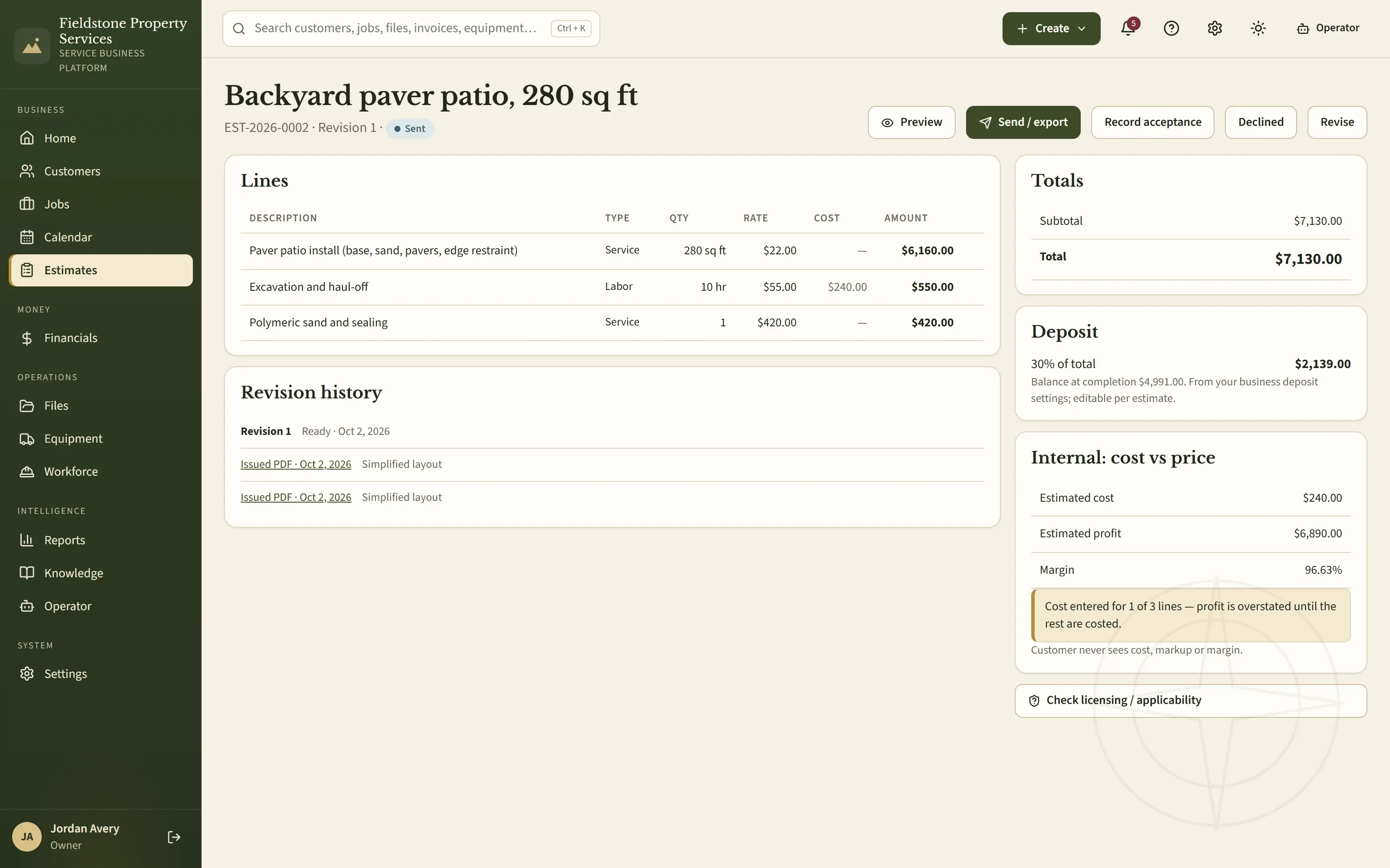 An estimate for a backyard paver patio: three priced lines, revision history with issued PDFs, a $7,130 total and a 30% deposit of $2,139, with actions to preview, send, record acceptance or revise.
