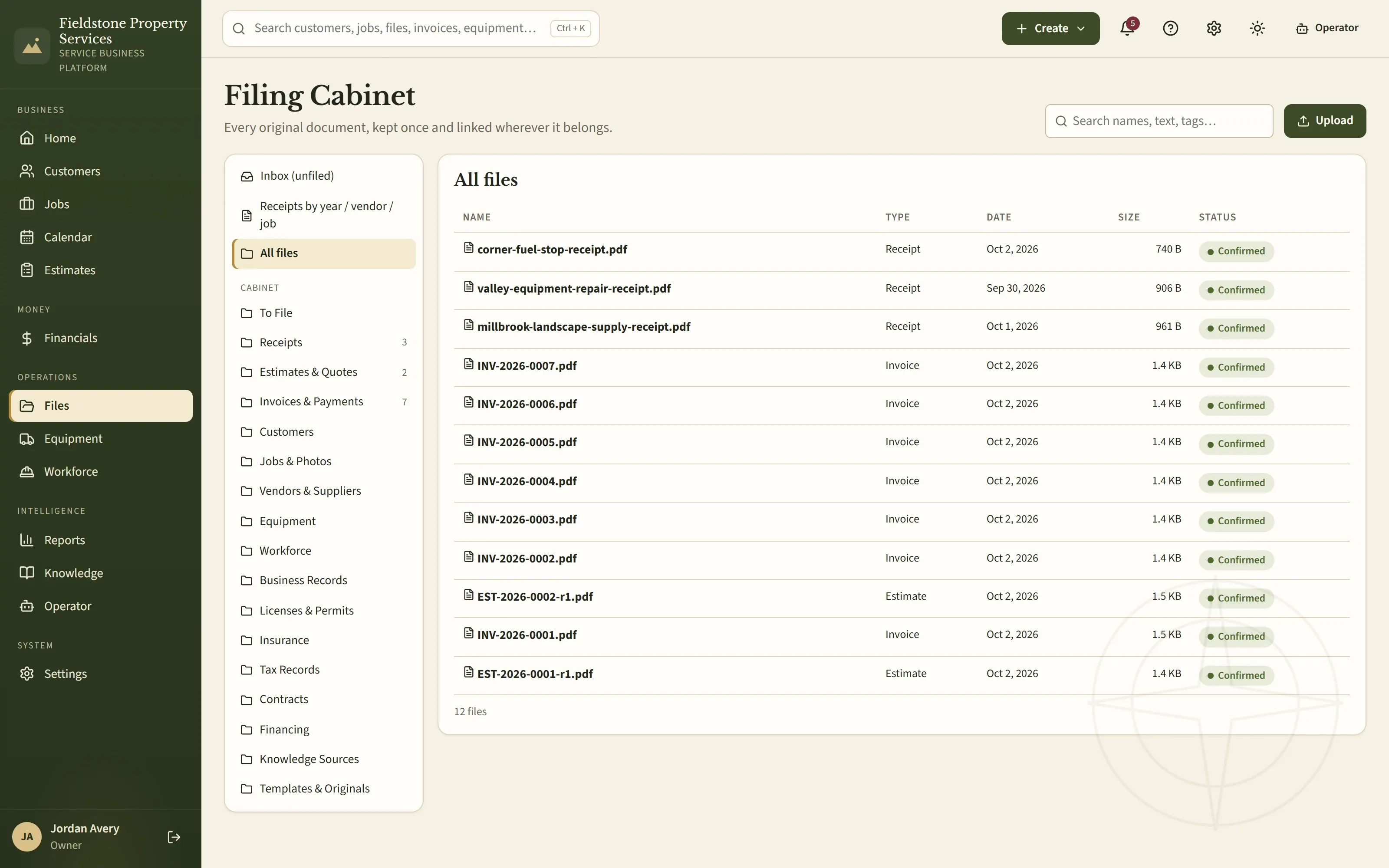 The Filing Cabinet showing all files: PDF receipts from suppliers, issued invoices and estimates, each with type, date, size and a confirmed status, beside cabinet sections such as Receipts, Invoices & Payments, Equipment and Tax Records.
