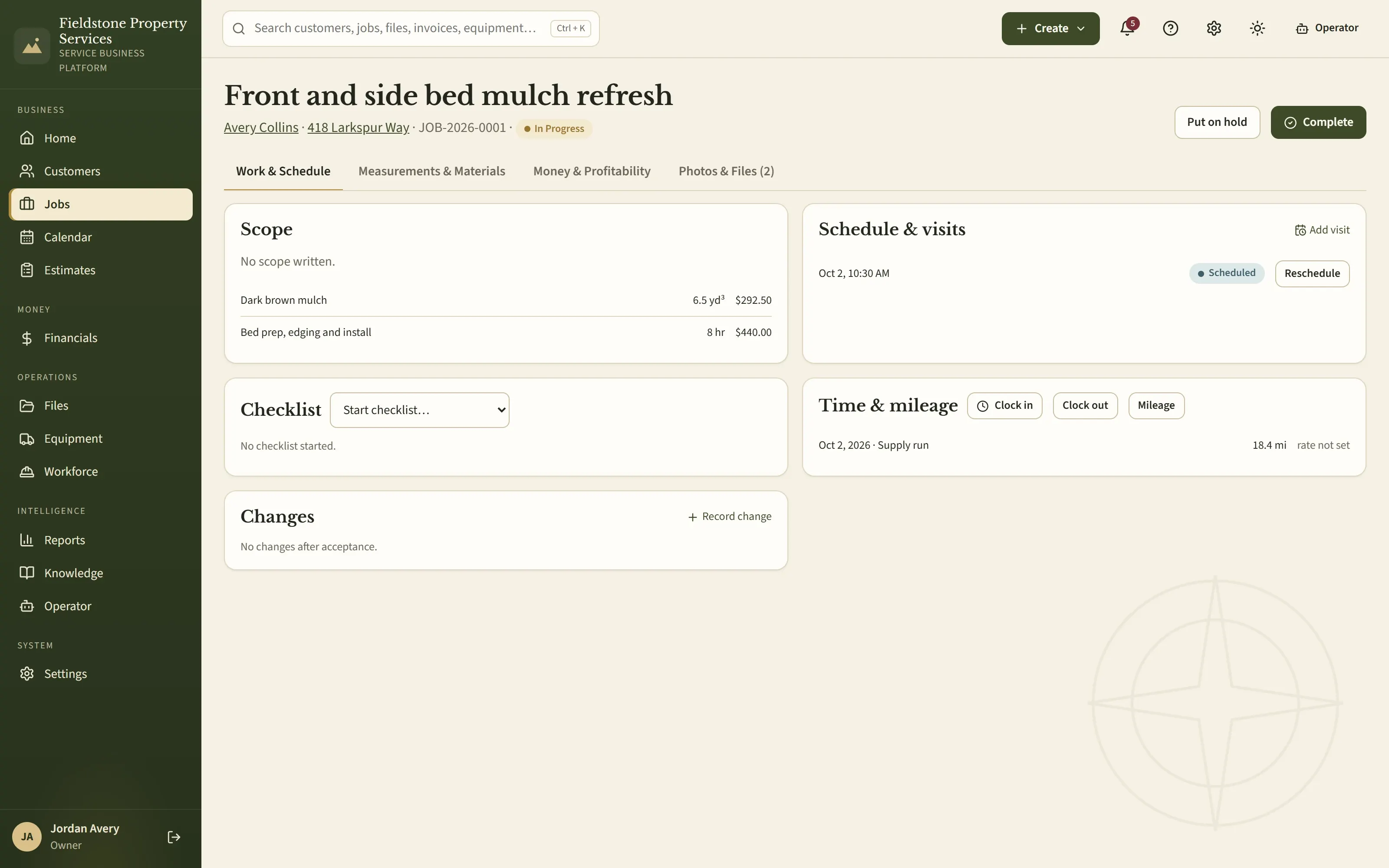 A job for a front and side bed mulch refresh, in progress, showing scope lines for mulch and labor, the scheduled visit, checklist, time and mileage with an 18.4-mile supply run, and change records.