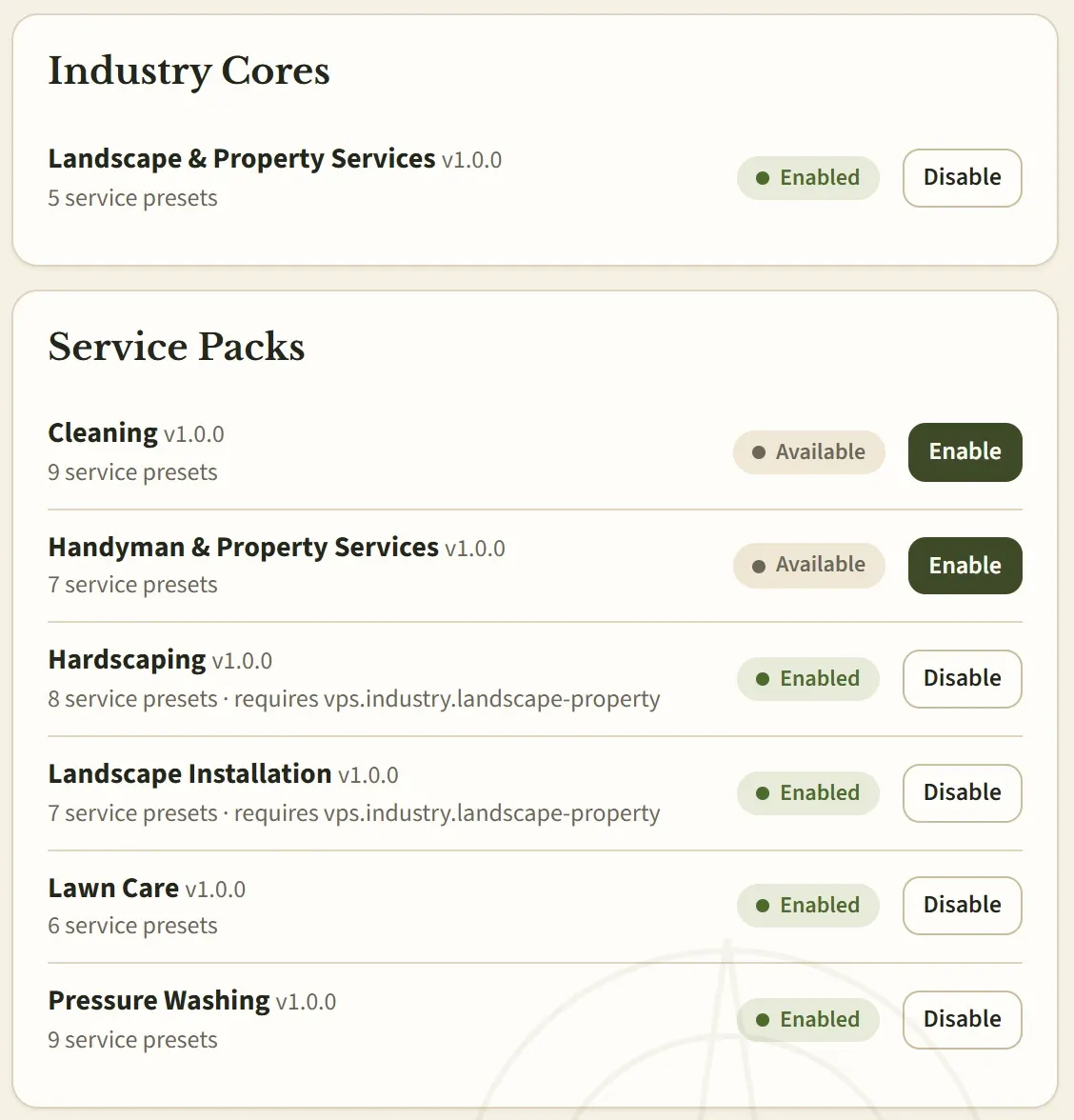 The Modules screen in VPS settings. Industry Cores: Landscape & Property Services, enabled. Service Packs: Cleaning and Handyman & Property Services available; Hardscaping, Landscape Installation, Lawn Care and Pressure Washing enabled. Each shows its number of service presets and an Enable or Disable button.